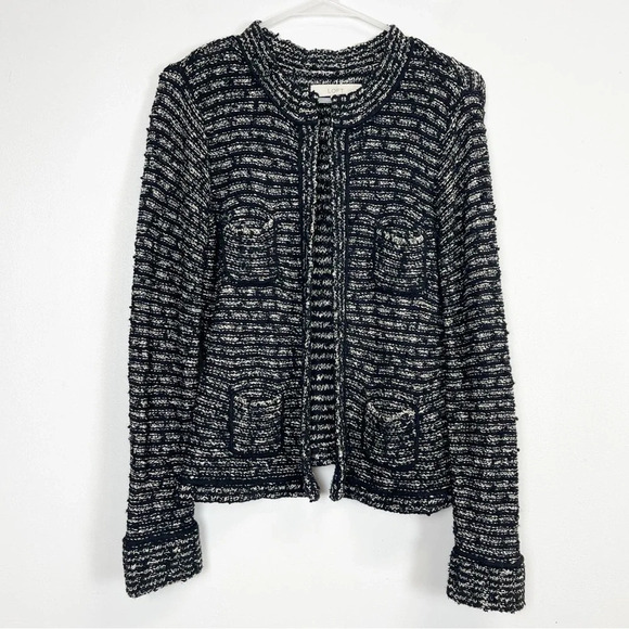 Loft Sweater Womens Small Black White Knit Round Neck Cardigan - Picture 1 of 8
